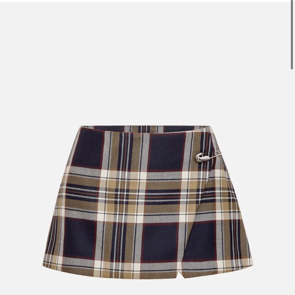 Frame Denim Plaid Mini Skirt in Navy, Tan, Cream